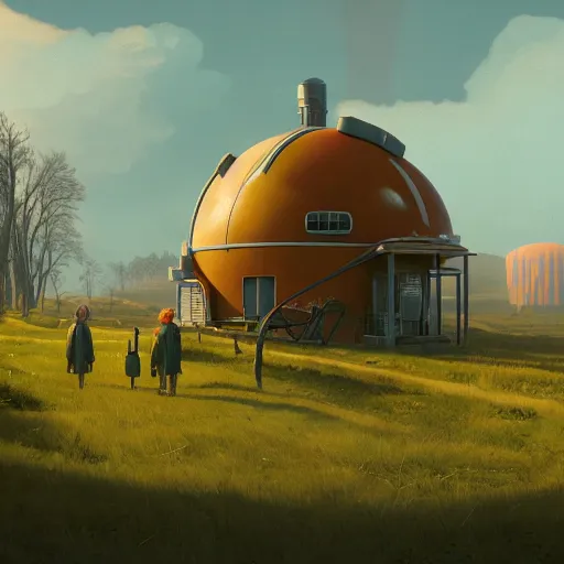 Image similar to An atompunk buildings with the sun shining through the clouds in utopia by Simon Stålenhag and Greg Rutkowski,In style of Grant Wood.hyper detailed,8K Resolution,unreal engine 5,Ray Tracing,highly realistic.trending on Artstation