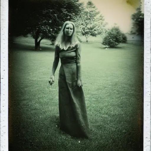 Prompt: woman at lawn, polaroid photography in style of andrey tarkovski, mystical, faith, sense of paranormal