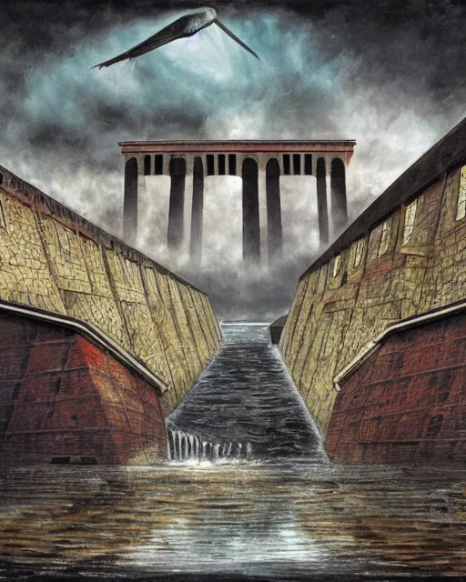 Image similar to illustration of the dam from the 2 0 0 0 s supernatural thriller'the overflow ', a high quality high detail painting by david mattingly and samuel araya and dave mckean and richard corben, hd 4 k 8 k, realistic hyperdetailed scene painting, photorealistic lighting, urban horror aesthetic, composition and scene layout inspired by gregory crewdson and joshua hoffne.