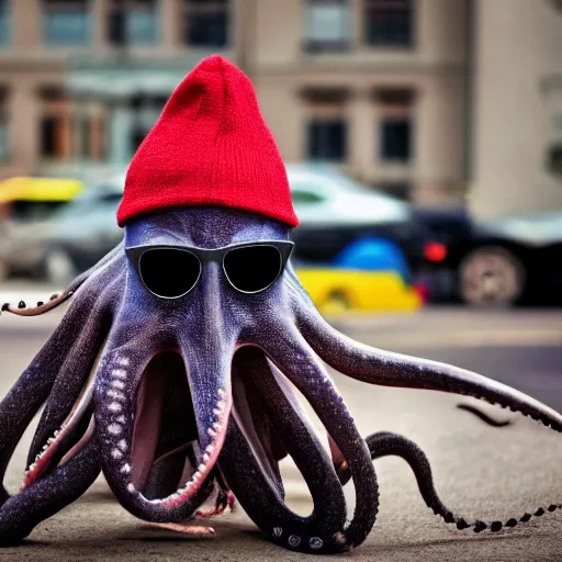 Prompt: photograph of a real - life octopus who is a hipster, wearing beanie and sunglasses