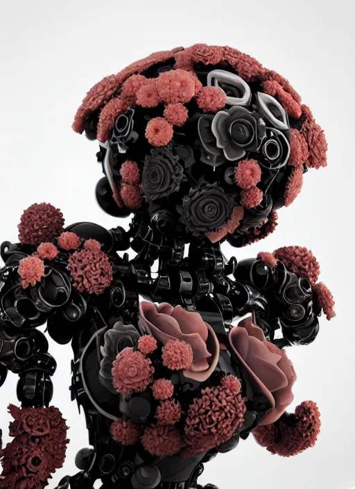 Image similar to biomechanical black mecha carrying perfume bottle enchanted coral kingdom made of corals, daisies, roses in an ivory room well contoured smooth fair walls, up close shot, sharp focus, global illumination, radiant light, alexandre ferra white mecha, irakli nadar, octane highly render, 4 k, ultra hd,