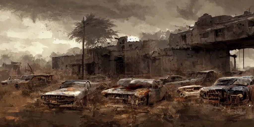 Image similar to graveyard of cars that looks like a ruin in an African landscape, lowlight, moody atmosphere, Craig Mullins style,