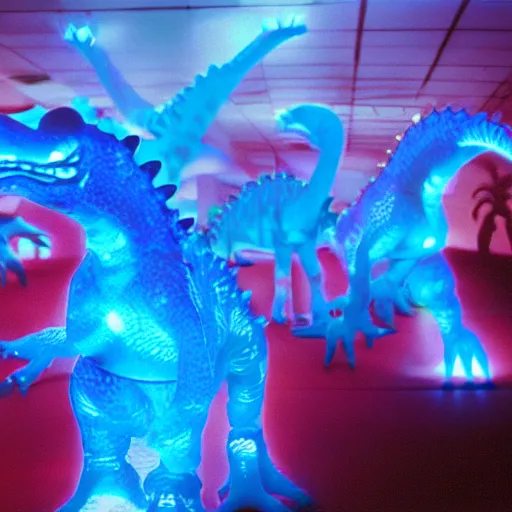 Image similar to electric blue scaled glowing baby dinosaurs in tron movie, cinestill