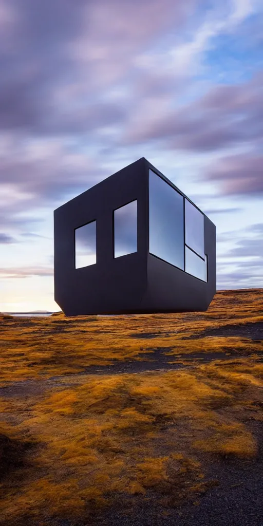 Prompt: futuristic angular architect house made from deconstucted charcoal wood and mirrors, refracted, floating, portal, iceland landscape photography sunset, by lurie belegurschi and gunnar freyr
