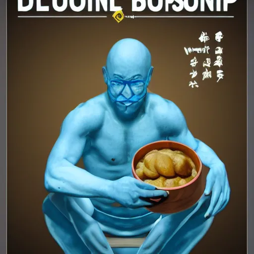 Image similar to poster of a man eating blue cyan soup from a wooden bowl, award winning, trending on artstation, unreal engine