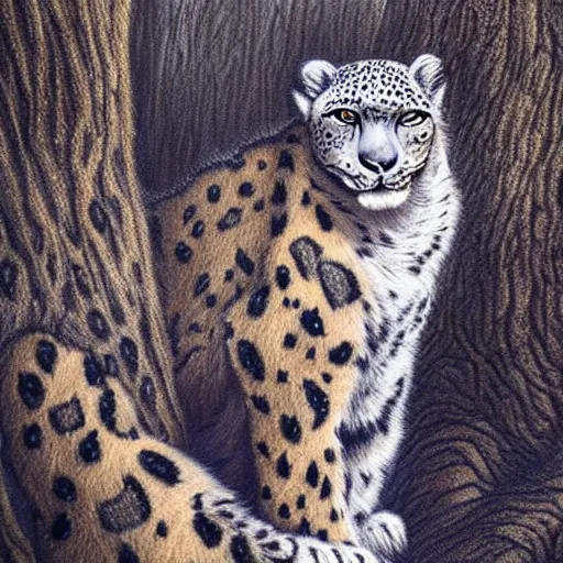 Prompt: anthropomorphic!!!!! snow leopard leaning against a tree with a bow, trending on artstation, fantasy, hyperrealistic, detailed, intricate, full of colour