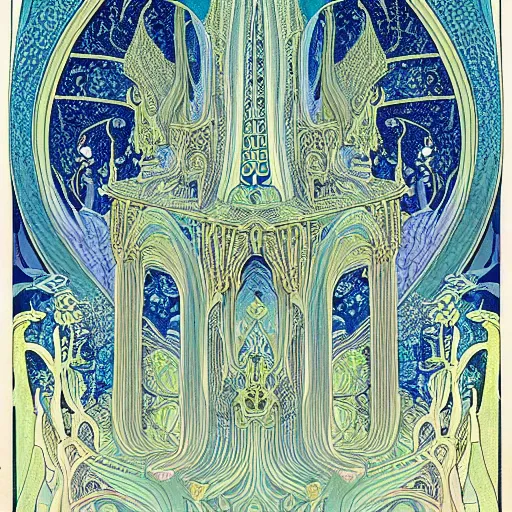 Prompt: art nouveau temple, giant majestic archways, waterfalls, ornate ancient temple, decorative fractal edges, crystal trees, blue fungal growth, intricate ornate opalescent central mandala, fine lines, clean lines, parallax poster composition, drawn by aubrey beardsley, harry clarke, Verneuil, mucha, henri gillet, William Morris, John Henry Dearle