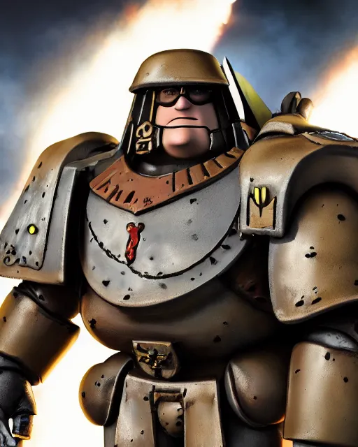 Image similar to peter griffin wearing warhammer space marine armor dynamic pose menacing cinematic shot atmospheric greebled high detail 4 k