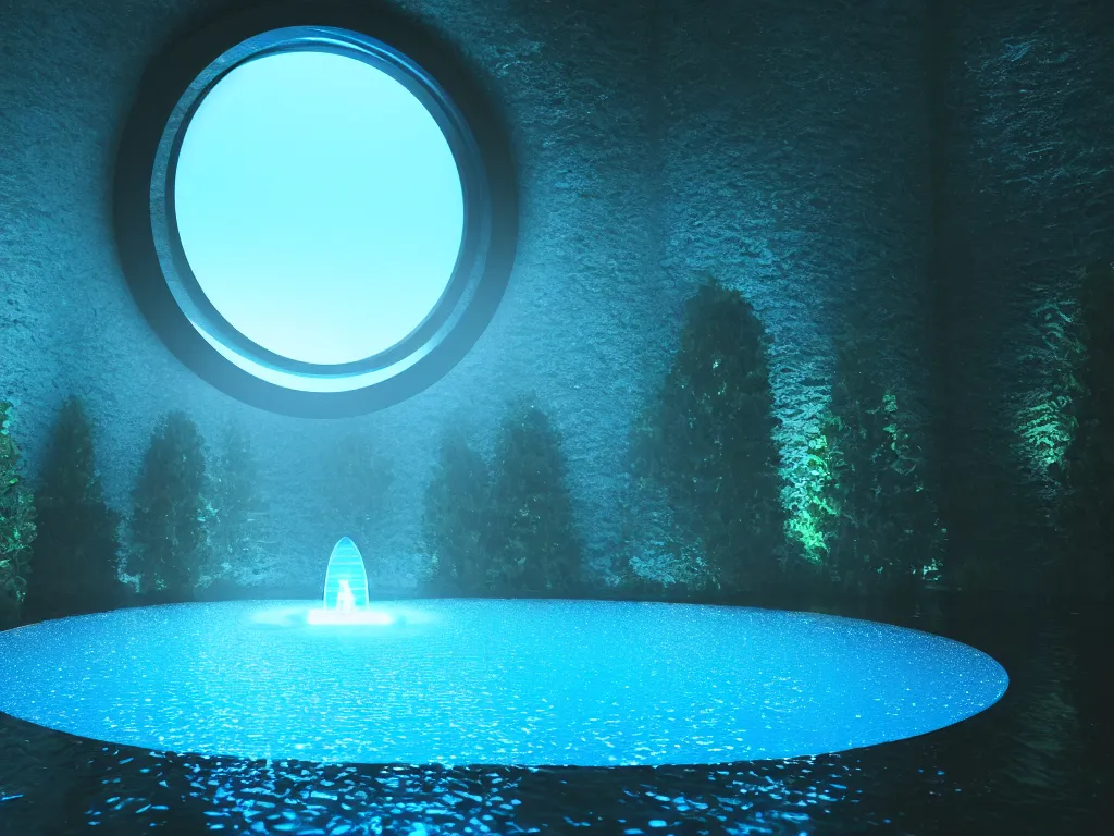 Image similar to a magical circular portal to another world in a lake opening under the water, lights, magical, ethereal, sci - fi, art, 8 k render octane high definition