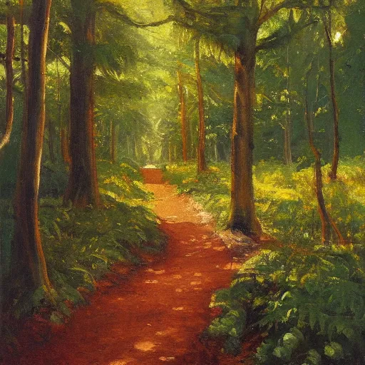 Prompt: a painting of a path through a forest, an oil painting by John Fabian Carlson, featured on Artstation, american scene painting, rim light, oil on canvas, flickering light