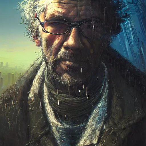 Image similar to cyberpunk, closeup portrait of a shaggy old cyberpunk fence, bald, tired eyes, tattered tweed jacket, dramatic light, city background, sunset, dystopian setting, high contrast, sharp, neuromancer, the finn, painted by stanley lau, painted by greg rutkowski, painted by stanley artgerm, digital art, trending on artstation