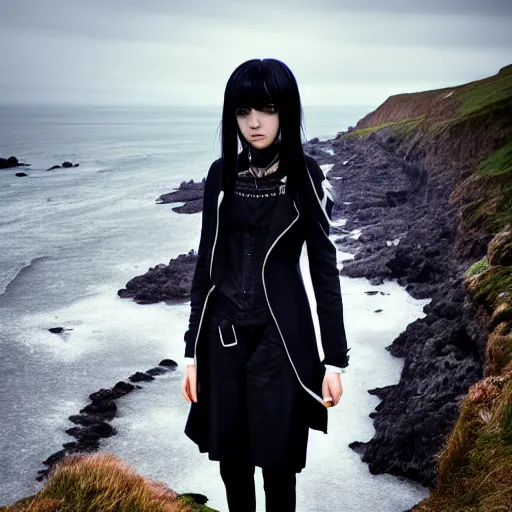 Image similar to 1 7 - year - old anime goth girl, black hair, long bob cut, long bangs, gothic coat, long bangs, standing on cliff along the irish coast, overcast gray skies, ultra - realistic, sharp details, cold lighting, blue and gray colors, intricate details, subsurface scattering, hd anime, 2 0 1 9 anime