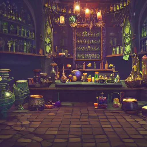 Image similar to inside a magical item shop, fantasy potion vendor interior, necromancy, ufotable studio art style, gothic interior, 8K, octane render, unreal engine,