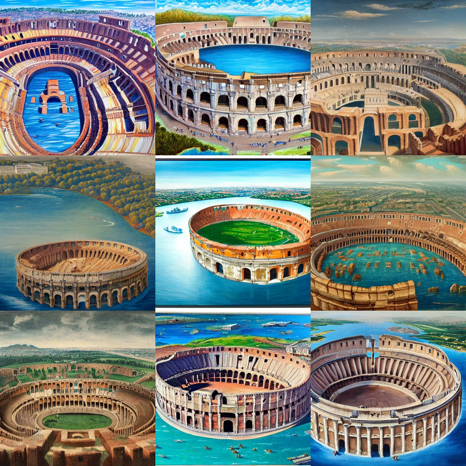 Prompt: a colosseum like arena with it's central part surrounded by water, view from the sky, detailed painting, 8 k