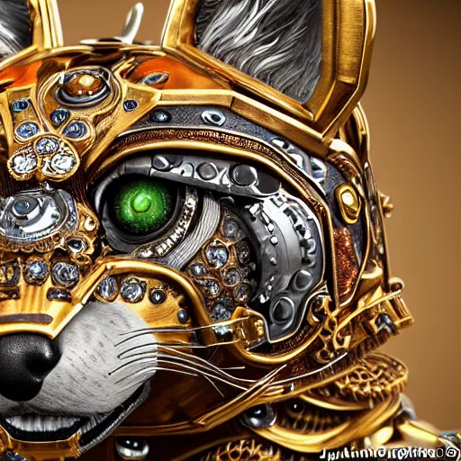 Image similar to A steampunk fox head with sparkling eyes made from ornate engraved full plate armor and Rolex gears and jewels and gems, macro shot by Justin Gerard, unreal engine, detailed, intricate, physically based rendering