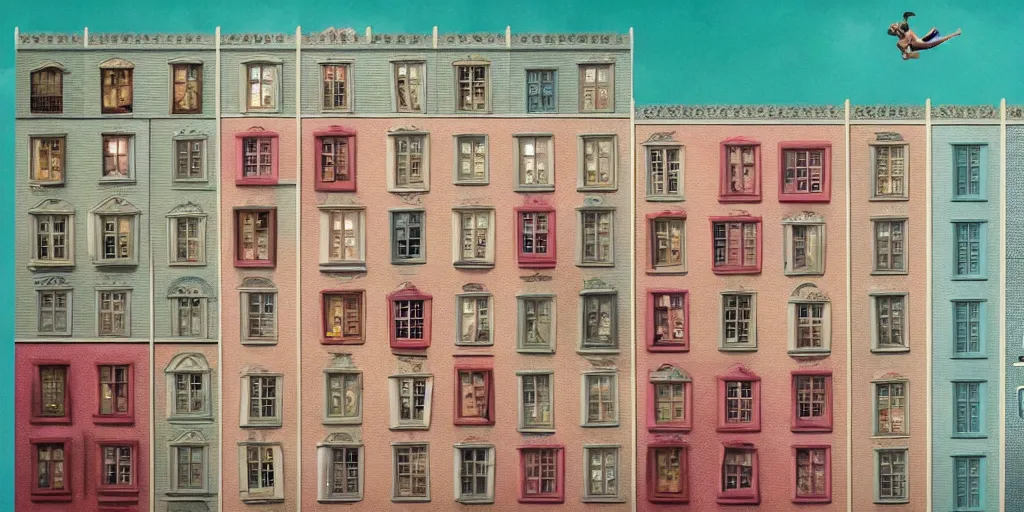 Prompt: a very high resolution image from a new movie, upside - down building, windows, beautiful scenery, photorealistic, photography, directed by wes anderson