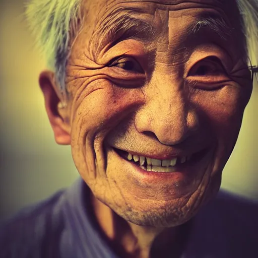 Prompt: a character portrait photo of a smiling old japanese man, hopeful, flickr contest winner, neo-expressionism, art photography, busy background, hyperrealism, chiaroscuro, anamorphic lens flare, elegant, shallow depth of field, haze, volumetric lighting, photo taken with provia, 24mm, f1.8, by Filip Hodas, by Andrew Domachowski