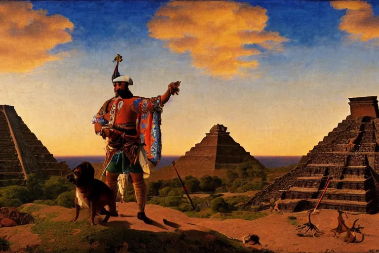 Image similar to painting of a spanish conquistador with a dog, at the aztec pyramids, jungle, sunset, chill, romantic, by ludwig deutsch and maxfield parrish, patterned tilework, extremely detailed, cinematic lighting, smooth sharp focus