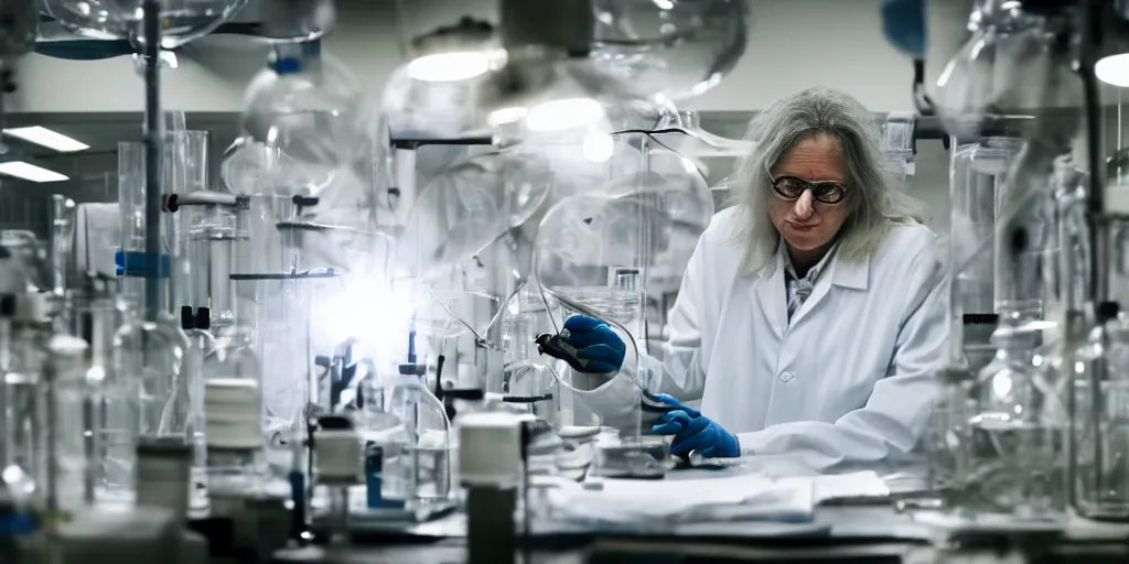 Prompt: candid portrait photo taken by Annie Leibovitz of a research scientist on an emotional rollercoaster in a cluttered laboratory with shafts of light from a window illuminating laboratory glassware.