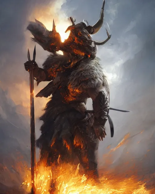 Image similar to oil painting of Anthropomorphized Rhino Warrior, wearing fur cloak, sharp focus, holding gigantic burning Axe, warrior clothes, heroic pose, dramatic artwork, fantasy style, octane render, volumetric lighting, 8k high definition, by greg rutkowski, highly detailed, trending on art Station, magic the gathering artwork, burning fire Battlefield background, centered