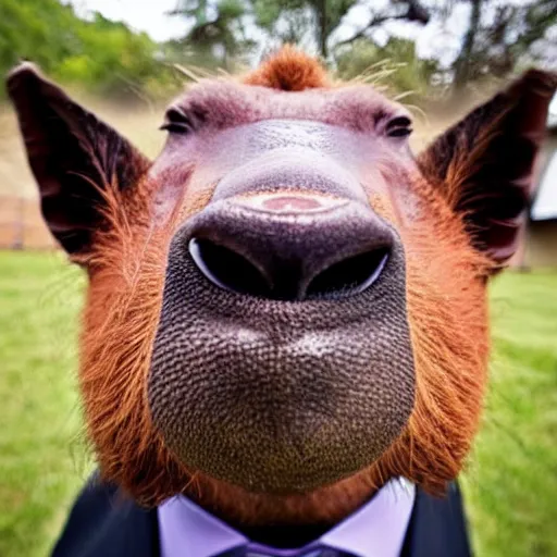 Image similar to smoking cigar, a man wearing a suit capybara head (smoking cigar)