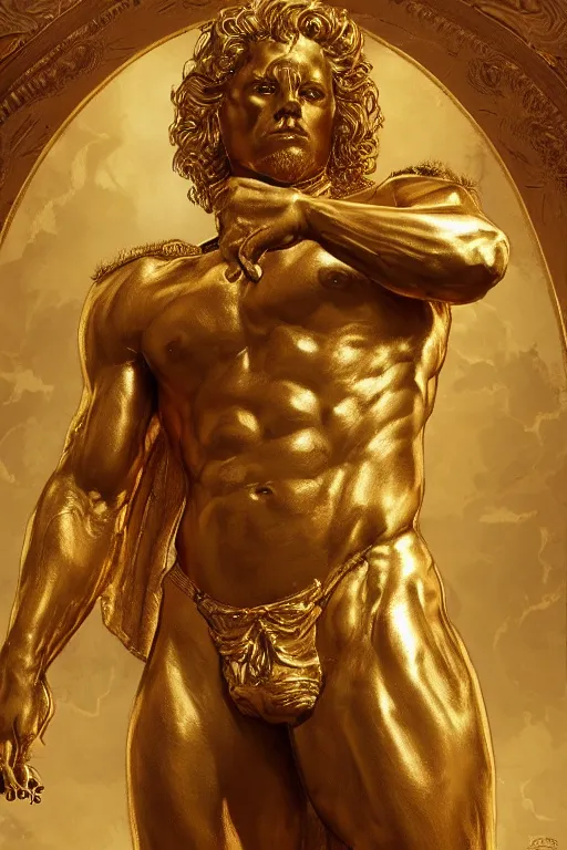 Image similar to ultra realistic illustration, a golden statue of a herculean glenn howerton as the god apollo, intricate, elegant, highly detailed, digital painting, artstation, concept art, smooth, sharp focus, illustration, art by artgerm and greg rutkowski and alphonse mucha