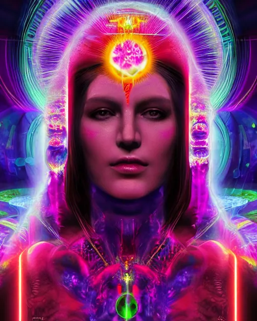 Image similar to a powerful energy psychedelic matrix priestess, by alexander fedosav, hyper detailed digital matte painting, concept art, hyperrealism, 1 6 k resolution, cinema 4 d, 8 k resolution, trending on artstation, behance hd, a masterpiece, by stephan martiniere, particles, cel - shaded, power bright neon energy, by david a. hardy,