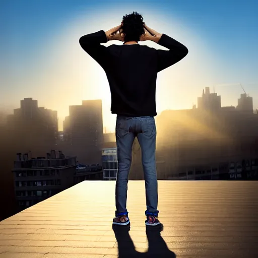 Image similar to un ultra high definition studio quality photograph portrait of a young man with black hair standing on one foot on the rooftop of an apartment building wearing eclectic clothes looking away from the camera. wide angle. sunny. art directed. clear. fog. three point light. extremely detailed. golden hour, golden ratio, ray tracing, volumetric light, shallow depth of field.