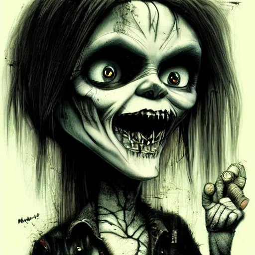 Image similar to grunge drawing of chucky by - michael karcz , in the style of corpse bride, loony toons style, horror themed, detailed, elegant, intricate