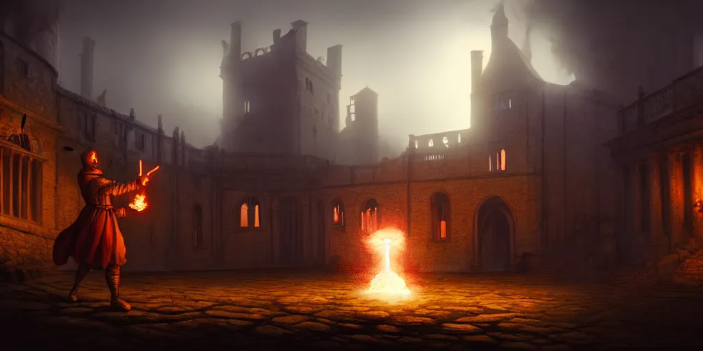 Image similar to A view of a mage casting fireball in Elizabethan era town, foggy, ruins, hyperdetailed, concept art, cinematographic, wide angle camera, unreal engine