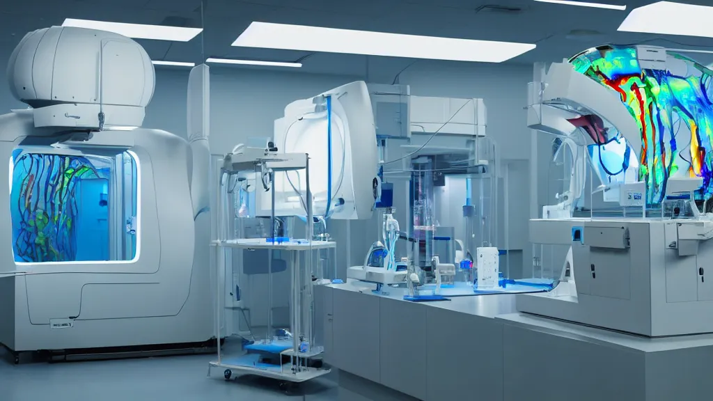 Image similar to a complex bifurcated surgical arm hybrid mri 3 d printer machine making colorful mutant forms with control panels in the laboratory inspection room, film still from the movie directed by denis villeneuve with art direction by salvador dali, wide lens