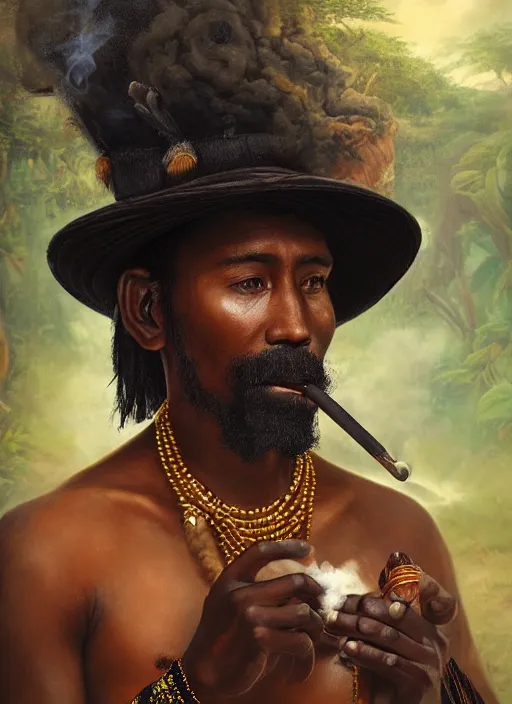 Image similar to a beautiful portrait of an indigenous man with black skin with a wide hat in the jungle, surrounded by smoke, smoking a pipe, mysterious atmosphere, fantasy art, matte painting, highly detailed