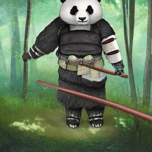 Image similar to panda bear wearing samurai armor standing in a ancient japanese village, highly detailed, ghibli style, by studio ghibli, art station, highly detailed