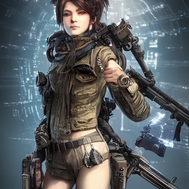 Image similar to the portrait of lawful neutral female cyberpunk marine sniper as absurdly beautiful, gorgeous, elegant, young gravure idol, an ultrafine hyperdetailed illustration by kim jung gi, irakli nadar, intricate linework, bright colors, octopath traveler, final fantasy, unreal engine 5 highly rendered, global illumination, radiant light, detailed and intricate environment