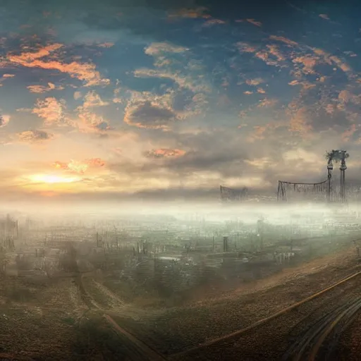 Prompt: panoramic photography sunrise steampunk lights smog, landscape concept art dynamic lighting digital art