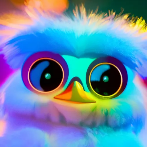 Image similar to a cute colorful furby, photography, golden hour, bokeh, colorful, saturated, cinematic lighting, volumetric light, 8 k