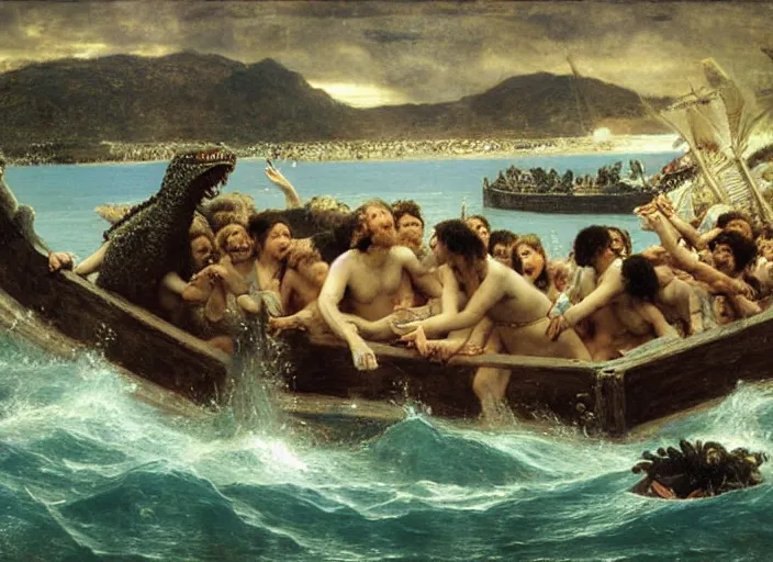 Prompt: the raft of the medusa with godzilla standing in the water, painting by lawrance alma - tadema