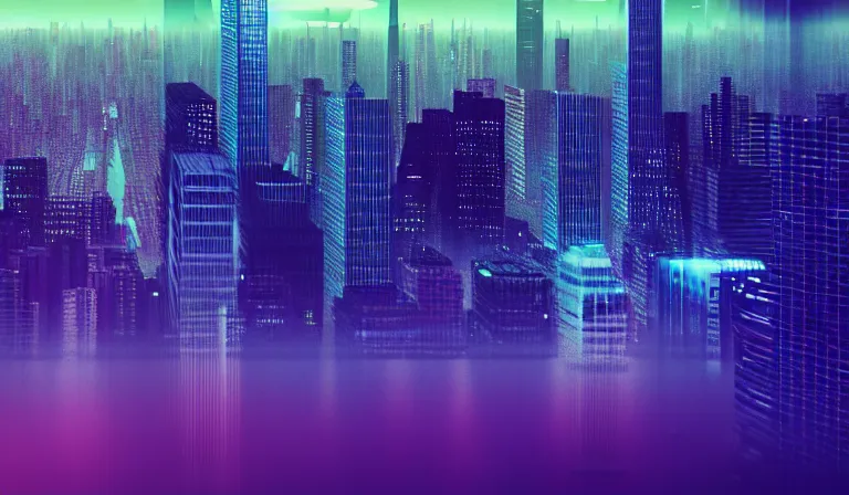 Prompt: a beautiful, sharp focus, and immaculate overcast futuristic cityscape. view from above. vaporwave ombre rendering. outrun style. trending on artstation. recommended for you behance. by chris moore. by edward hopper. beeple colors. ambient occlusion. digital matte painting. metropolis filmic. gotham city.