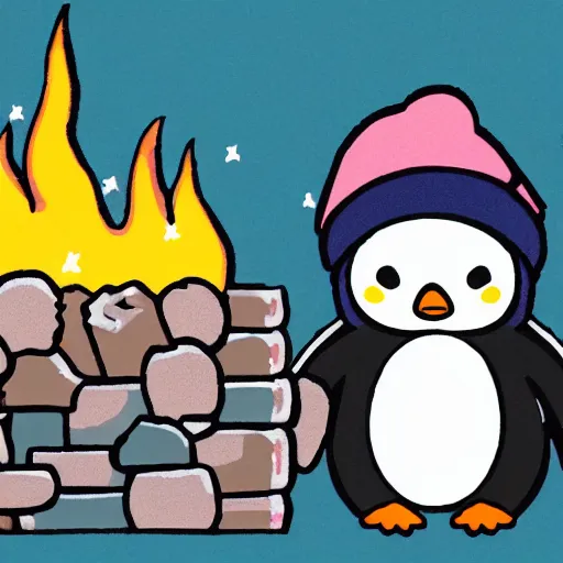 Image similar to A penguin wearing a beanie sitting next to a campfire with a cup of coffee by Sanrio