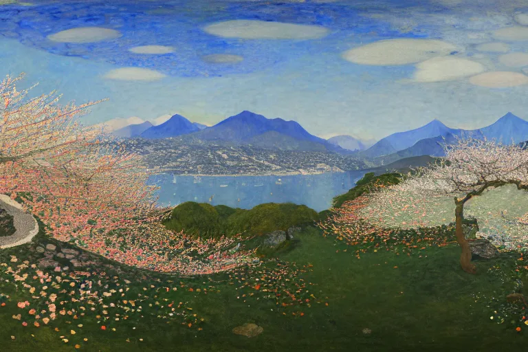 Prompt: an ultradetailed landscape painting of a panorama view of westlake, osmanthus blossoms nearby, fine wind, highly detailed, artstation, concept art, smooth, sharp focus, illustration, by hilma af klint, 8 k