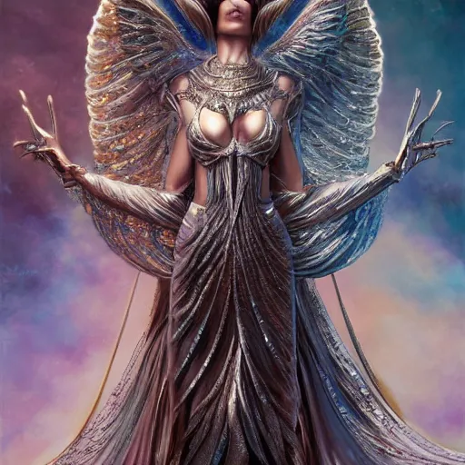 Image similar to a beautiful angel with 3 heads wearing a silver armor with golden ornaments and diamonds jewelry, wings by alex gray and android jones, karol bak, ayami kojima, amano, concept art, character design, fantasy, 3 d, 8 k resolution