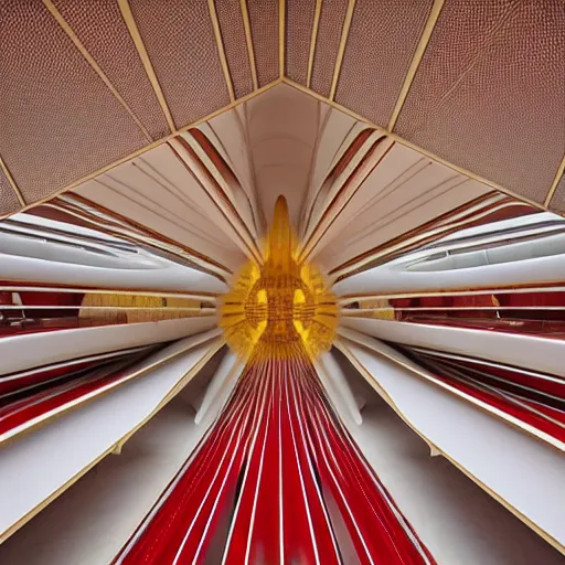 Image similar to futuristic lotus temple space station with gold, red and white marble panels, by santiago calatrava, intricate contemporary architecture, photo journalism, photography, cinematic, national geographic photoshoot