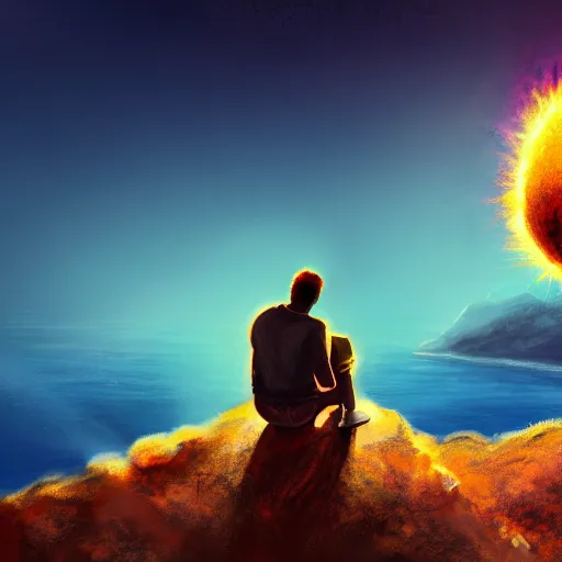 Prompt: a man sitting on a cliff watching the sun explode, painting, digital art, harsh lighting, 4 k hd wallpaper, trending on art station