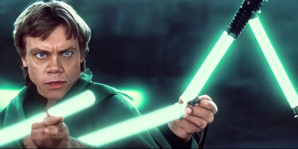 Image similar to a still from a film featuring clean shaven mark hamill as jedi master luke skywalker, holding a green lightsaber by the hilt, 3 5 mm, directed by steven spielberg, 1 9 9 4