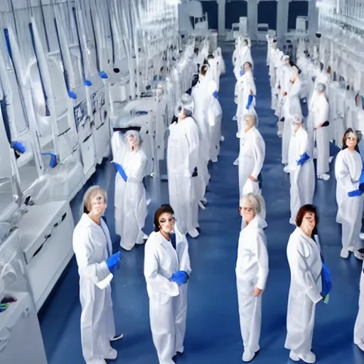 Prompt: troop of females of varying heights and body shapes in formation, white hair, tight light blue neopren suits, in rows, futuristic chemistry lab, sci - fi, highly detailed, cinematic