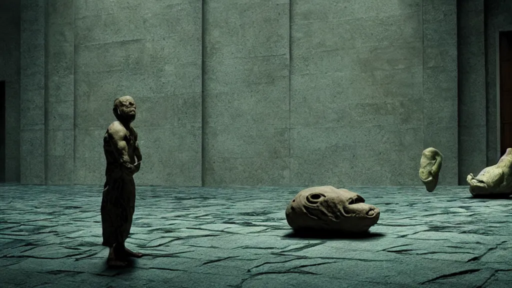 Image similar to the strange creature in court, made of stone and water, film still from the movie directed by Denis Villeneuve with art direction by Salvador Dalí,