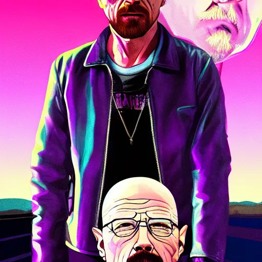 Image similar to walter white riding jesse pinkman, and a purple coloured leather jacket, one side haircut, long brown hair with light blue ends, portrait, hyperdetailed, artstation, cgsociety, synthwave by tangerine dream, by jean - michel jarre, by vangelis, by john carpenter