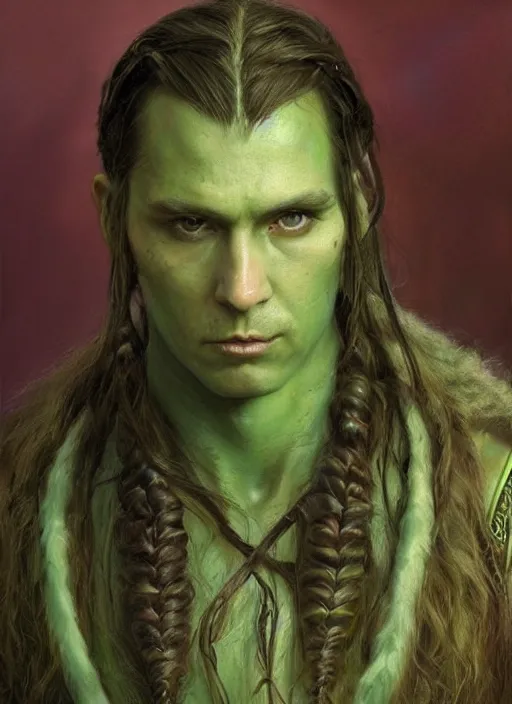 Image similar to a shaman in his twenties with long light brown hair tied back, light green eyes, a large forehead, a widows peak and a round face with high cheekbones as a realistic d & d fantasy character, portrait art by donato giancola and greg rutkowski, vintage retro, realistic face, digital art, trending on artstation