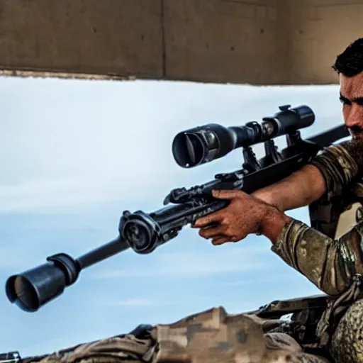 Image similar to kurdish ypg sniper in a movie directed by christopher nolan, movie still frame, promotional image, imax 7 0 mm footage, 8 k uhd