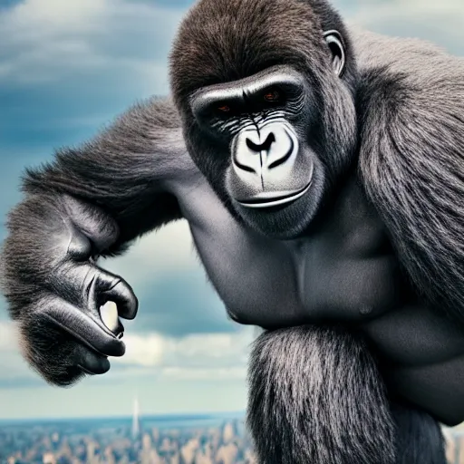 Prompt: giant gorilla on the top of new york, beautiful dynamic lighting, cinematic, extremely high detail, photo realistic, cinematic lighting, 8 k
